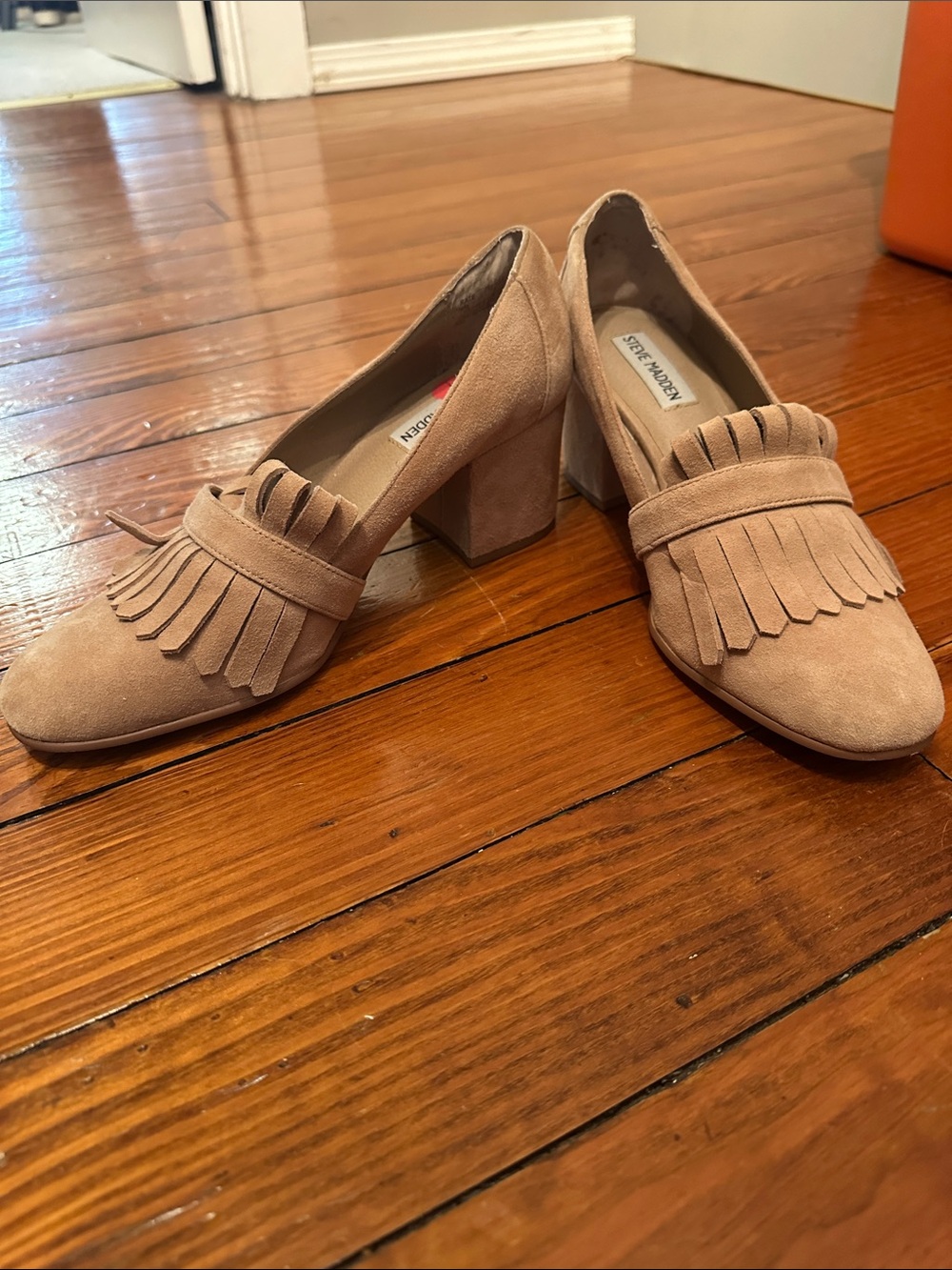 Steve Madden Taupe Suede Fringe Block Heels